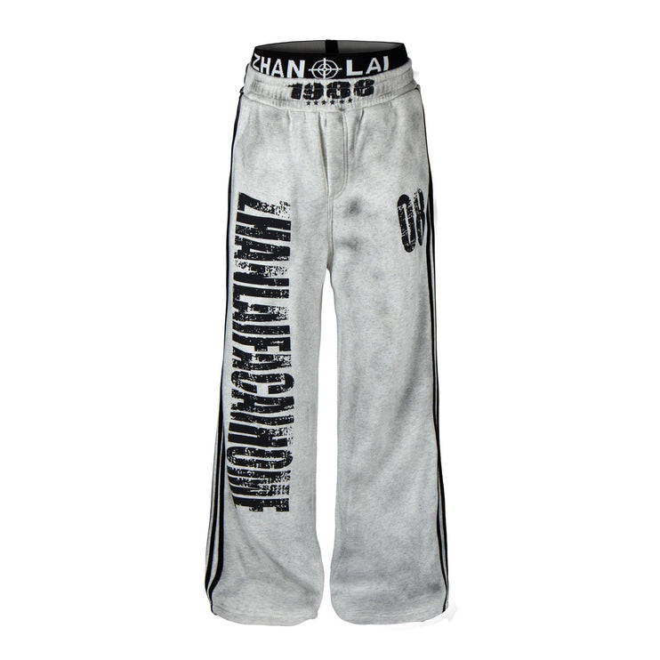 TALKLESSFASHION S / White plus velvet Fall 2025 American high street dirty and worn letter double waist sweatpants for men and women with a sense of design scimitar wide-leg pants