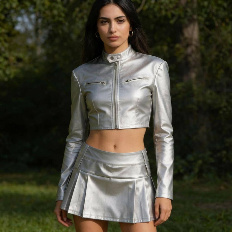 TALKLESSFASHION Silver Cyber-Chrome Cropped Moto