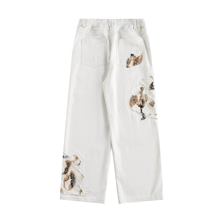 TALKLESSFASHION Stitching Denim Lace Patchwork straight jeans —-4095