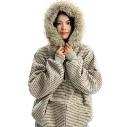 TALKLESSFASHION Striped Detachable Fur Hood Jacket