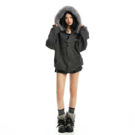 TALKLESSFASHION Striped Detachable Fur Hood Jacket