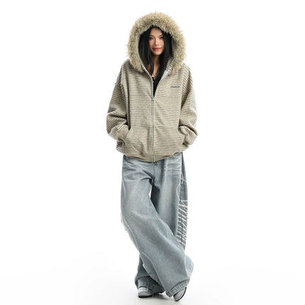 TALKLESSFASHION Striped Detachable Fur Hood Jacket