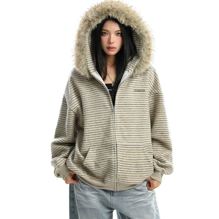TALKLESSFASHION Striped Detachable Fur Hood Jacket