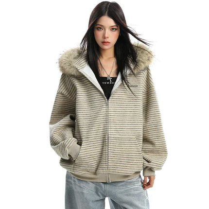 TALKLESSFASHION Striped Detachable Fur Hood Jacket