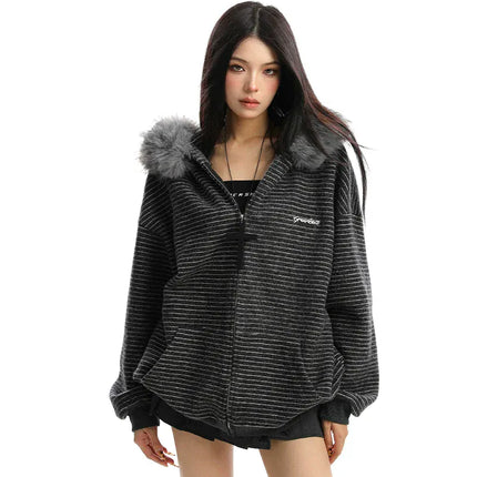 TALKLESSFASHION Striped Detachable Fur Hood Jacket