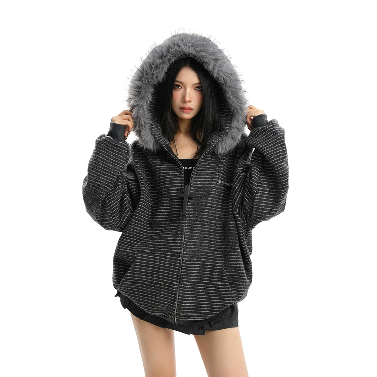 TALKLESSFASHION Striped Detachable Fur Hood Jacket