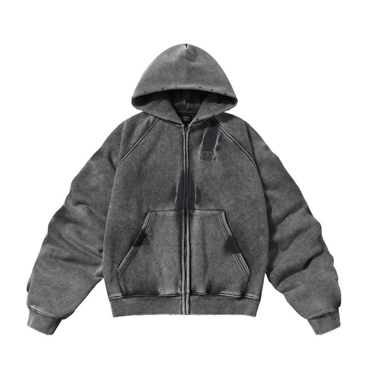 TALKLESSFASHION TALKLESS Washed Distressed ZIP-UP Hoodie—4226