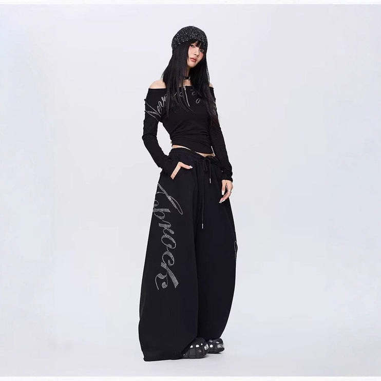 TALKLESSFASHION Vintage hip hop hot diamond black hip hop casual sweatpants women's winter design jazz dance scimitar pants