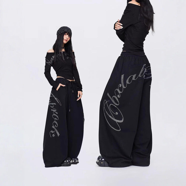 TALKLESSFASHION Vintage hip hop hot diamond black hip hop casual sweatpants women's winter design jazz dance scimitar pants