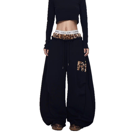 TALKLESSFASHION Vintage plush leopard print embroidered patch paneled wide-leg sweatpants women's loose casual hip hop jazz dance scimitar pants