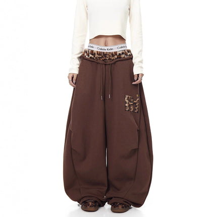 TALKLESSFASHION Vintage plush leopard print embroidered patch paneled wide-leg sweatpants women's loose casual hip hop jazz dance scimitar pants
