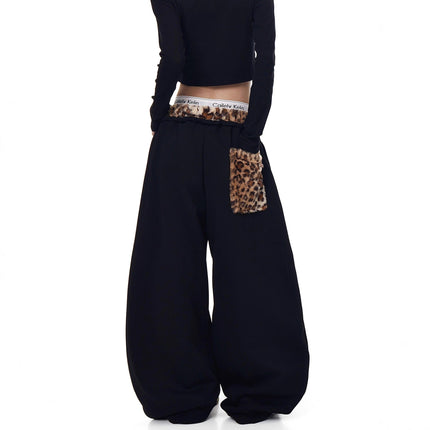TALKLESSFASHION Vintage plush leopard print embroidered patch paneled wide-leg sweatpants women's loose casual hip hop jazz dance scimitar pants
