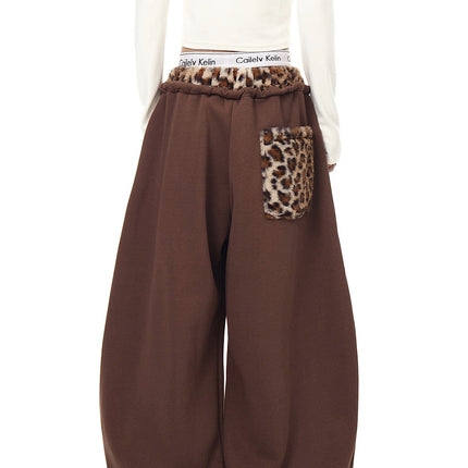 TALKLESSFASHION Vintage plush leopard print embroidered patch paneled wide-leg sweatpants women's loose casual hip hop jazz dance scimitar pants