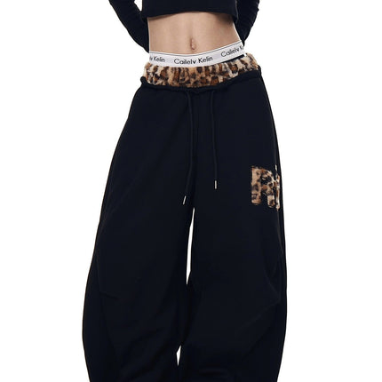 TALKLESSFASHION Vintage plush leopard print embroidered patch paneled wide-leg sweatpants women's loose casual hip hop jazz dance scimitar pants