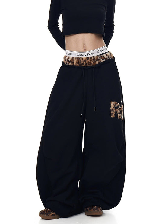 TALKLESSFASHION Vintage plush leopard print embroidered patch paneled wide-leg sweatpants women's loose casual hip hop jazz dance scimitar pants