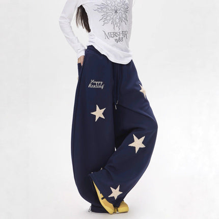 TALKLESSFASHION Vintage star embroidery patch sports street dance sweatpants for women loose and lazy wind slim wide-leg jazz dance scimitar pants