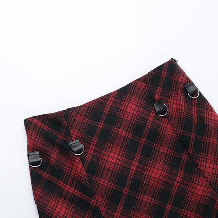 TALKLESSFASHION VOstudio 2025 spring summer new retro red and black plaid irregular skirt can be adjusted to wear more midi skirts