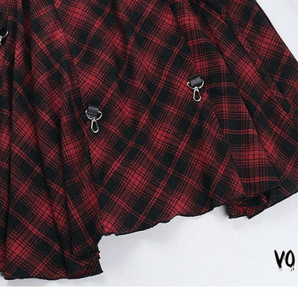 TALKLESSFASHION VOstudio 2025 spring summer new retro red and black plaid irregular skirt can be adjusted to wear more midi skirts