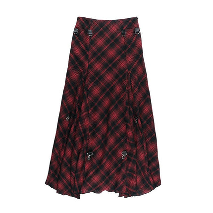 TALKLESSFASHION VOstudio 2025 spring summer new retro red and black plaid irregular skirt can be adjusted to wear more midi skirts