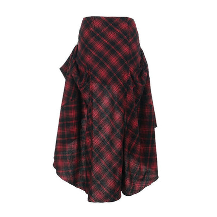 TALKLESSFASHION VOstudio 2025 spring summer new retro red and black plaid irregular skirt can be adjusted to wear more midi skirts