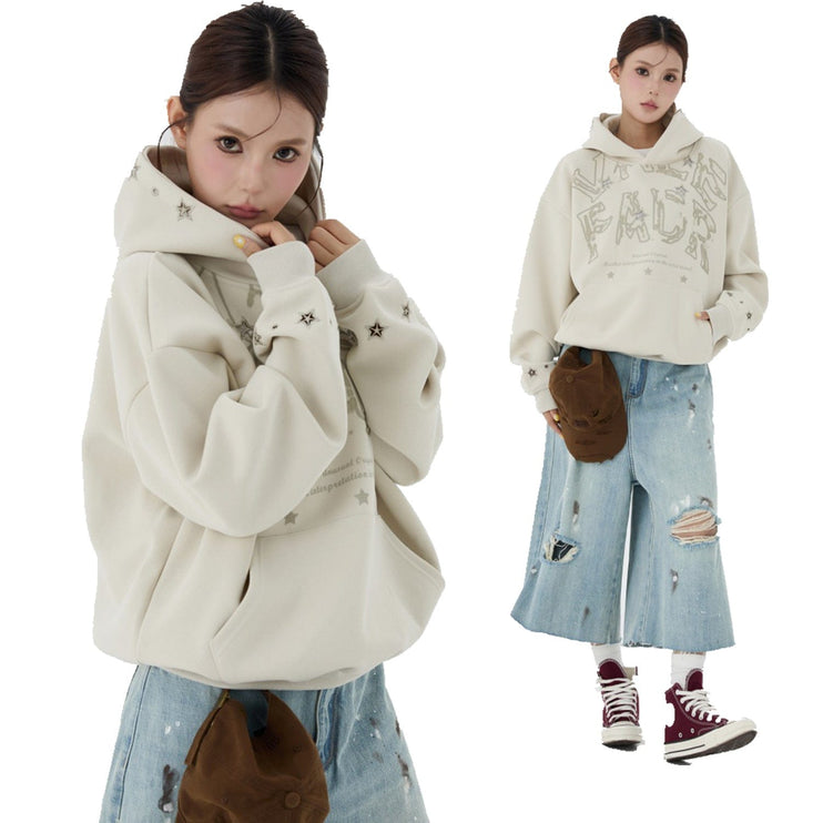 TALKLESSFASHION W600 American Retro Men's and Women's High-End Trend Star Embroidered Hollow Design Men's Loose Hooded Sweatshirt