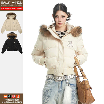 TALKLESSFASHION Warm detachable fur collar hooded cotton jacket women's winter American retro casual thickened bread clothes manufacturer straight hair