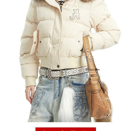 TALKLESSFASHION Warm detachable fur collar hooded cotton jacket women's winter American retro casual thickened bread clothes manufacturer straight hair