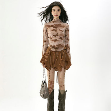 TALKLESSFASHION Wasteland style retro irregular ruffle skirt women's spring and summer design sense small man streamer pleated skirt