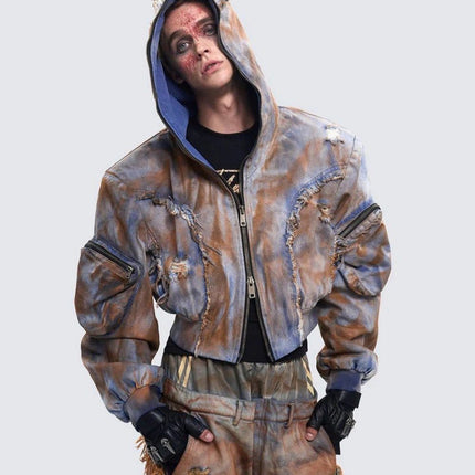 TALKLESSFASHION Wasteland style short hooded denim jacket men make old mud dye fake two pieces of broken structure raw edge jeans