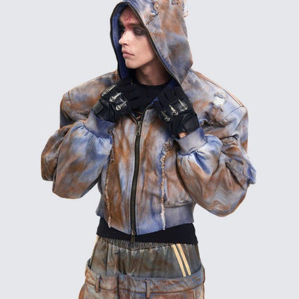 TALKLESSFASHION Wasteland style short hooded denim jacket men make old mud dye fake two pieces of broken structure raw edge jeans