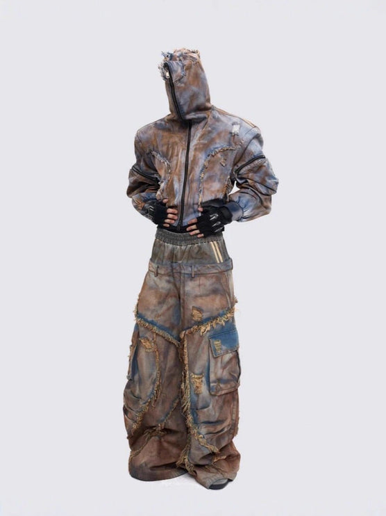 TALKLESSFASHION Wasteland style short hooded denim jacket men make old mud dye fake two pieces of broken structure raw edge jeans