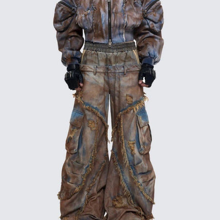 TALKLESSFASHION Wasteland style short hooded denim jacket men make old mud dye fake two pieces of broken structure raw edge jeans