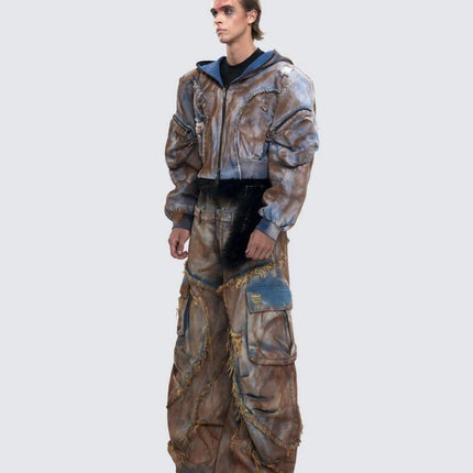 TALKLESSFASHION Wasteland style short hooded denim jacket men make old mud dye fake two pieces of broken structure raw edge jeans