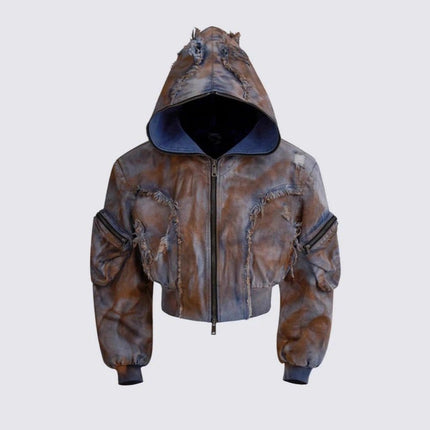 TALKLESSFASHION Wasteland style short hooded denim jacket men make old mud dye fake two pieces of broken structure raw edge jeans