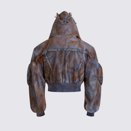 TALKLESSFASHION Wasteland style short hooded denim jacket men make old mud dye fake two pieces of broken structure raw edge jeans