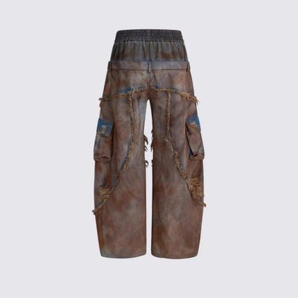 TALKLESSFASHION Wasteland style short hooded denim jacket men make old mud dye fake two pieces of broken structure raw edge jeans