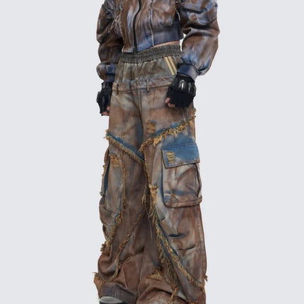 TALKLESSFASHION Wasteland style short hooded denim jacket men make old mud dye fake two pieces of broken structure raw edge jeans