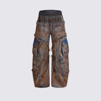 TALKLESSFASHION Wasteland style short hooded denim jacket men make old mud dye fake two pieces of broken structure raw edge jeans