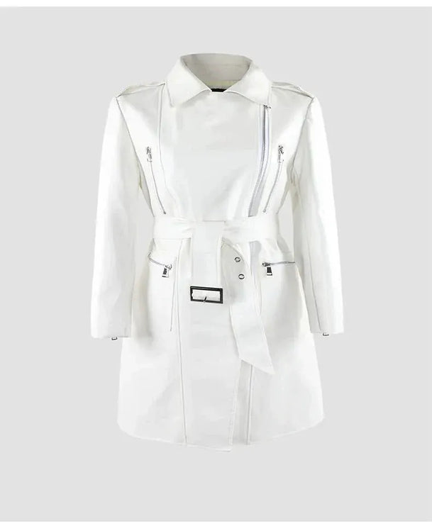 TALKLESSFASHION White Biker Mid-Length PU Jacket