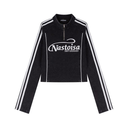 TALKLESSFASHION XL / black XPKAEAX American Spice Girl Monogram Print Half Zip High Neck Long Sleeve T-Shirt Women's Fall Slim Crop Top