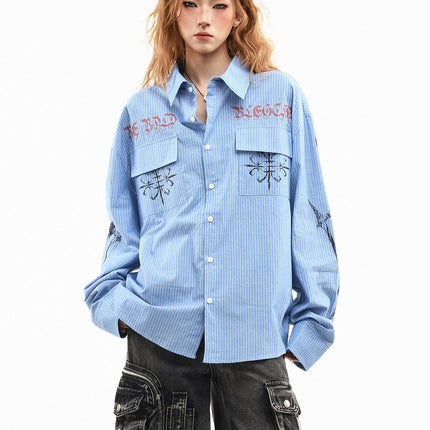 TALKLESSFASHION XL / blue OV original American letter mottled graffiti long sleeve shirt women's spring loose vertical stripe trendy brand couple top men