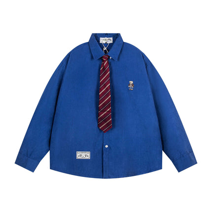 TALKLESSFASHION XL / blue OV original cartoon bear embroidery collegiate style tie long sleeve shirt women's autumn loose casual versatile shirt men