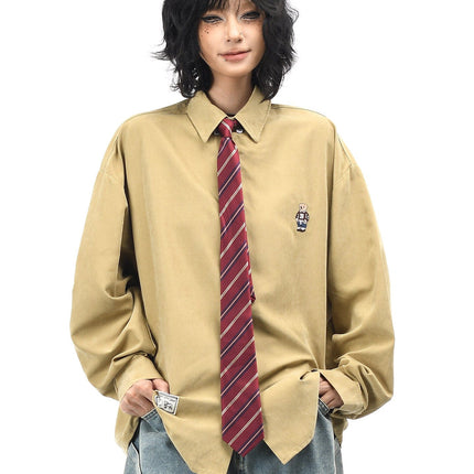 TALKLESSFASHION XL / Khaki OV original cartoon bear embroidery collegiate style tie long sleeve shirt women's autumn loose casual versatile shirt men