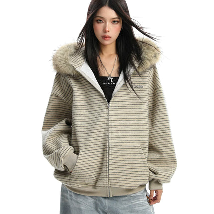 TALKLESSFASHION XL / Khaki plus velvet Striped Detachable Fur Hood Jacket
