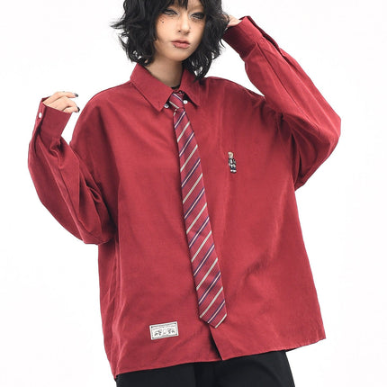 TALKLESSFASHION XL / Red wine OV original cartoon bear embroidery collegiate style tie long sleeve shirt women's autumn loose casual versatile shirt men