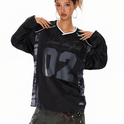 TALKLESSFASHION XPKAEAX American High Street Digital Print V-Neck Long Sleeve T-Shirt Men's and Women's Fall 2025 Jersey Sporty Top