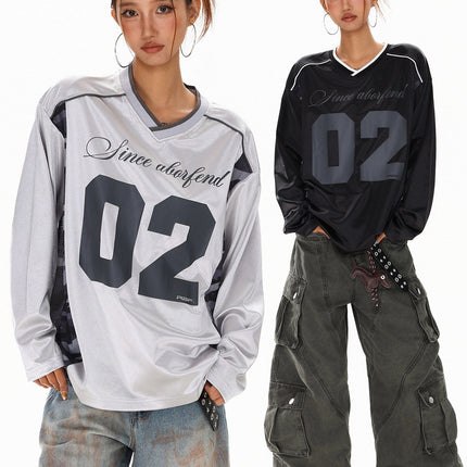 TALKLESSFASHION XPKAEAX American High Street Digital Print V-Neck Long Sleeve T-Shirt Men's and Women's Fall 2025 Jersey Sporty Top
