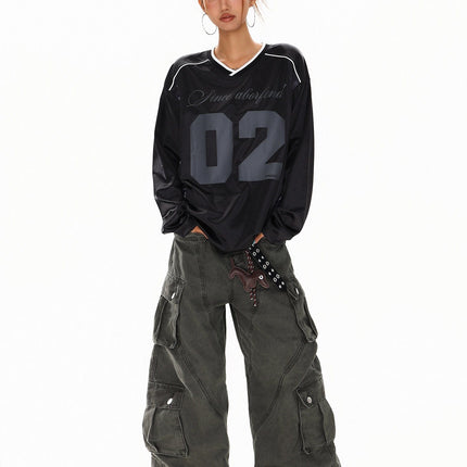 TALKLESSFASHION XPKAEAX American High Street Digital Print V-Neck Long Sleeve T-Shirt Men's and Women's Fall 2025 Jersey Sporty Top