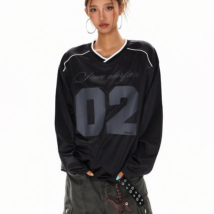 TALKLESSFASHION XPKAEAX American High Street Digital Print V-Neck Long Sleeve T-Shirt Men's and Women's Fall 2025 Jersey Sporty Top
