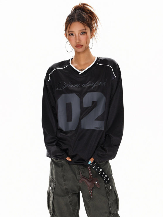 TALKLESSFASHION XPKAEAX American High Street Digital Print V-Neck Long Sleeve T-Shirt Men's and Women's Fall 2025 Jersey Sporty Top